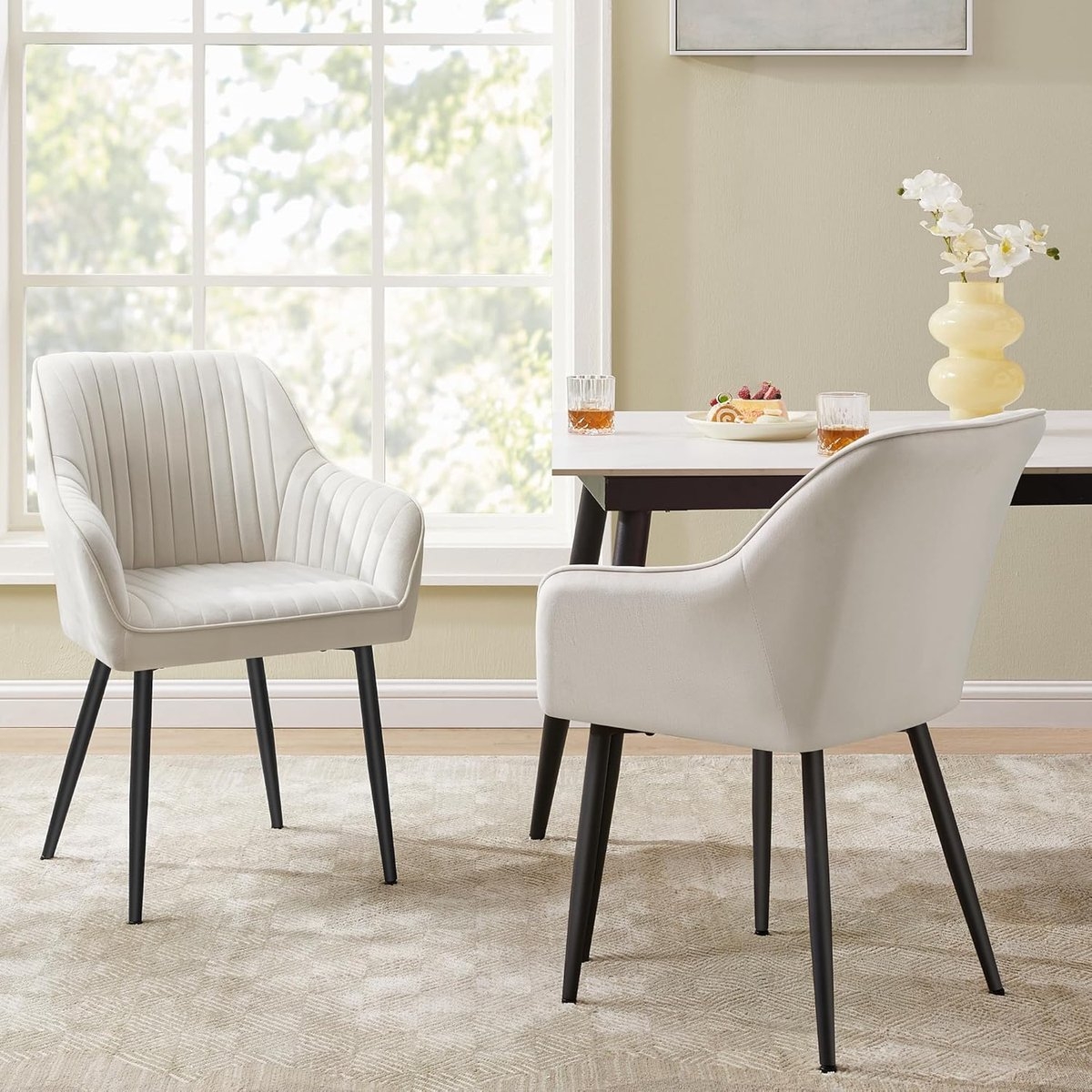 4x Eetkamerstoel – kuipstoel - keukenstoelen - fluwelen stoel - met armleuningen - metaal met stof - beige met zwart - set van 4 stuks -LDC087W01 - Afbeelding 4