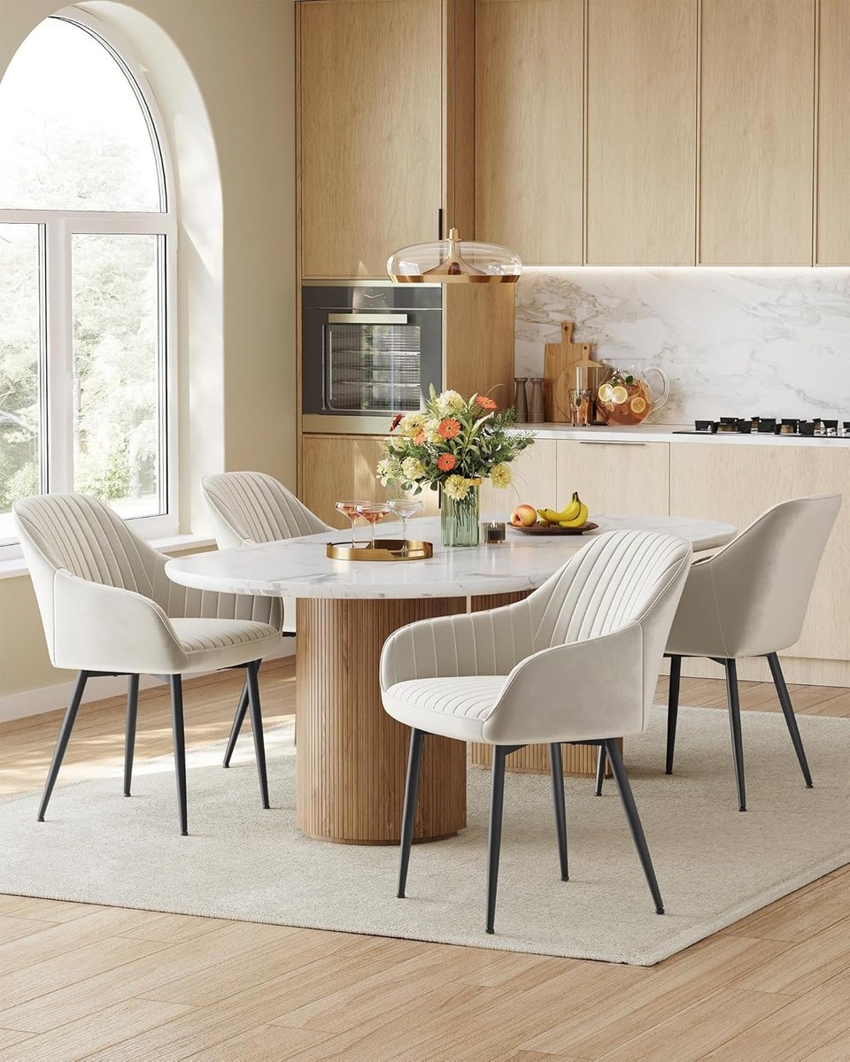 4x Eetkamerstoel – kuipstoel - keukenstoelen - fluwelen stoel - met armleuningen - metaal met stof - beige met zwart - set van 4 stuks -LDC087W01 - Afbeelding 7