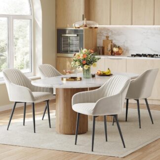 4x Eetkamerstoel – kuipstoel - keukenstoelen - fluwelen stoel - met armleuningen - metaal met stof - beige met zwart - set van 4 stuks -LDC087W01