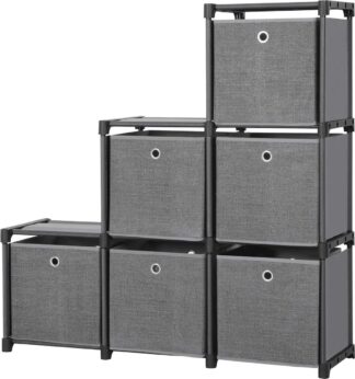Opbergkast met 6 kubussen en stoffen dozen - 105x105x30 cm - DIY kast - multifunctioneel opbergsysteem - robuust metalen frame - zwart - LSN66BK