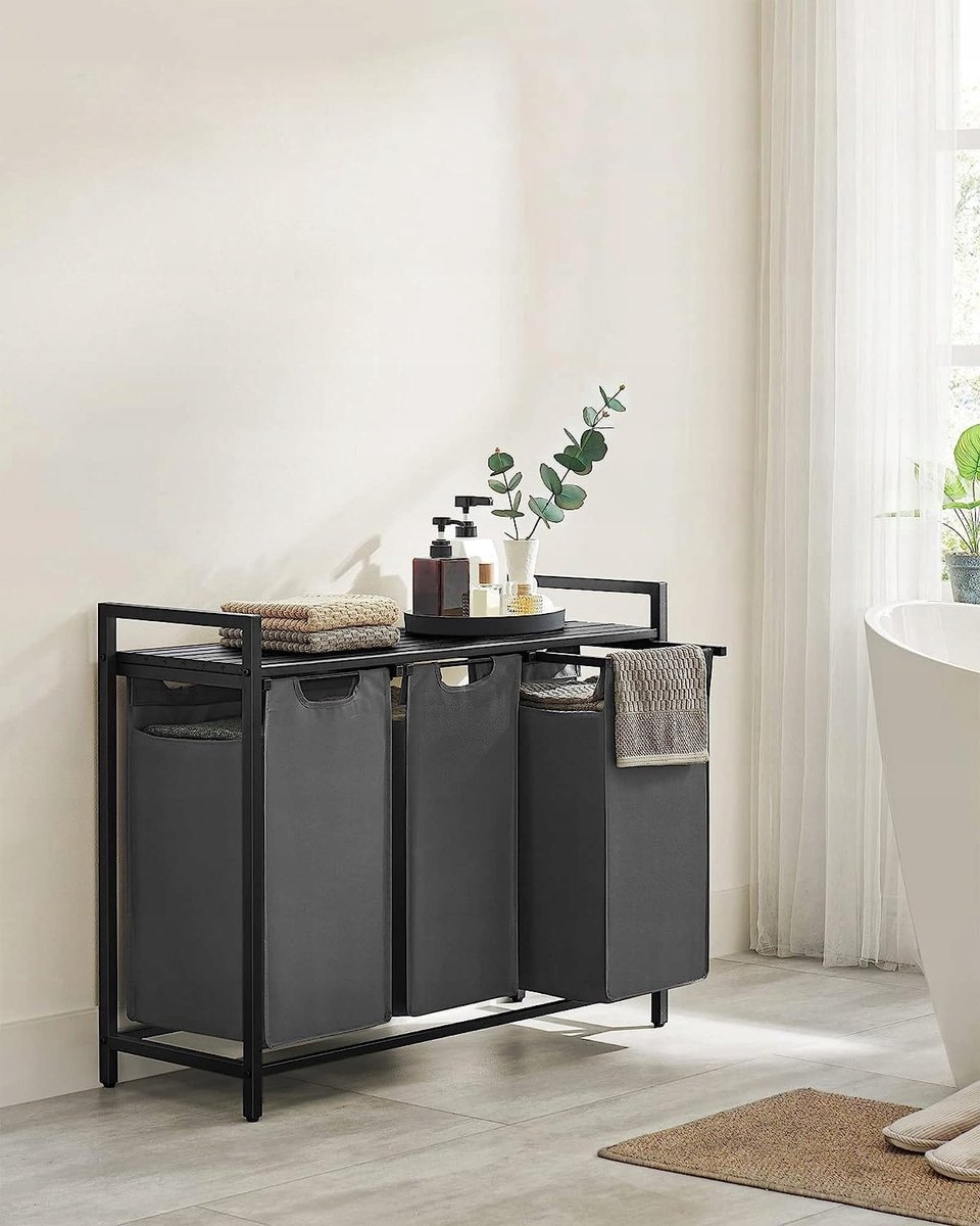 Wasmand - 3 compartimenten - 114 liter - wasmeubel - 3x38 liter - 92,5x33x72 cm - zwartgrijs - BLH301G01 - Afbeelding 3