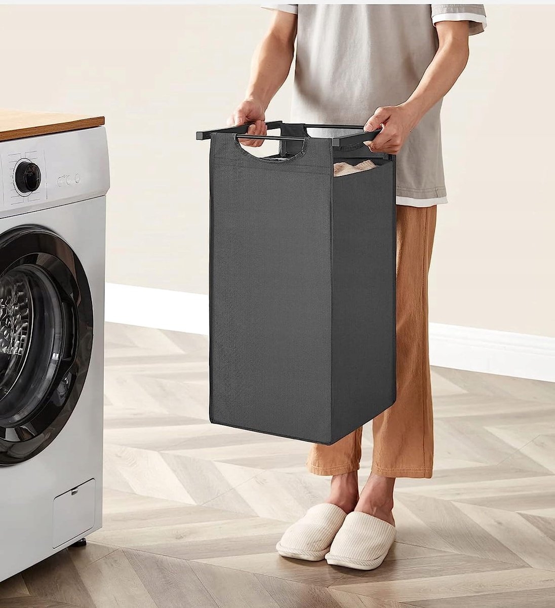 Wasmand - 3 compartimenten - 114 liter - wasmeubel - 3x38 liter - 92,5x33x72 cm - zwartgrijs - BLH301G01 - Afbeelding 5