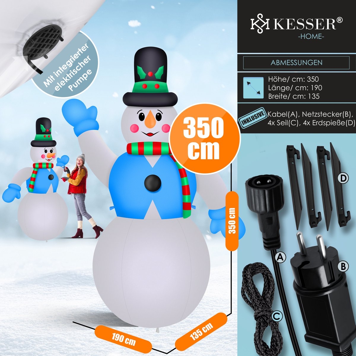 Opblaasbare sneeuwman / sneeuwpop - 350 cm hoog - met LED Verlichting - kerstdecoratie - LED Kerstverlichting - weerbestendig IP44 - met geïntegreerde blazer - Afbeelding 5