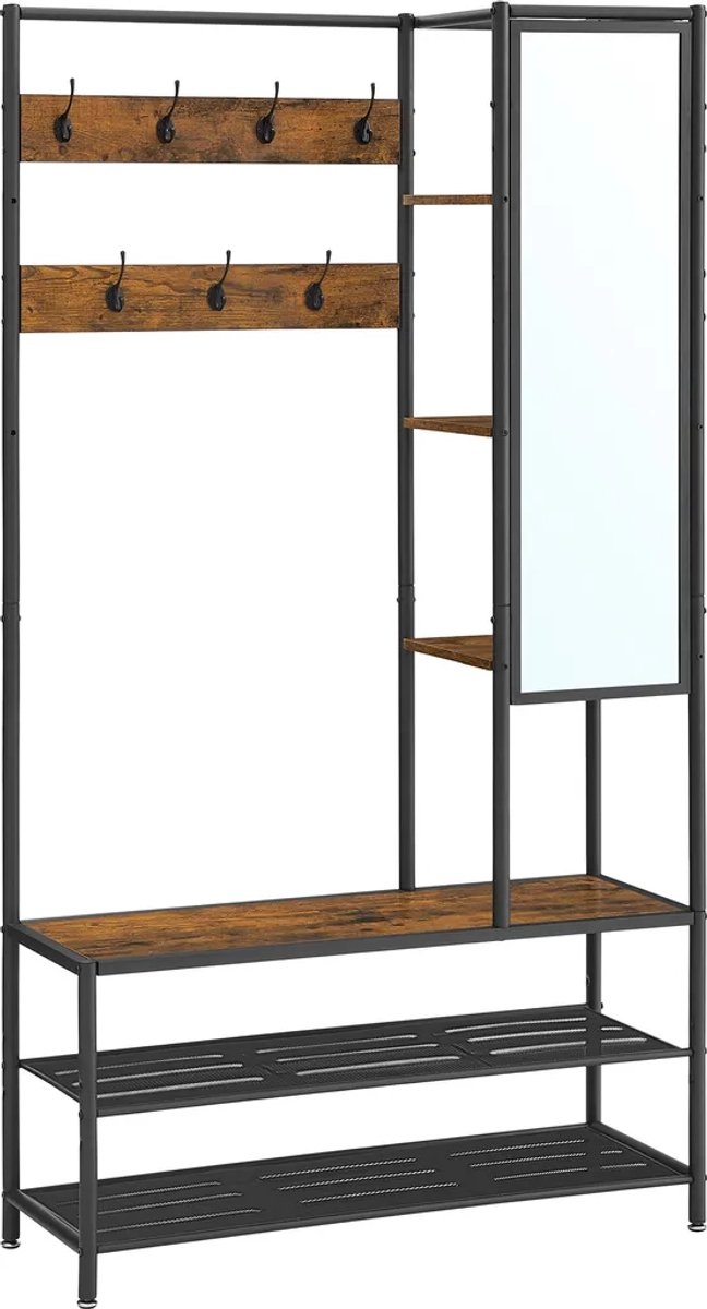 Kapstok met spiegel - garderobemeubel met schoenenbank - voor hal - 35 x 98 x 182 cm - bruin met zwart - HSR420B01