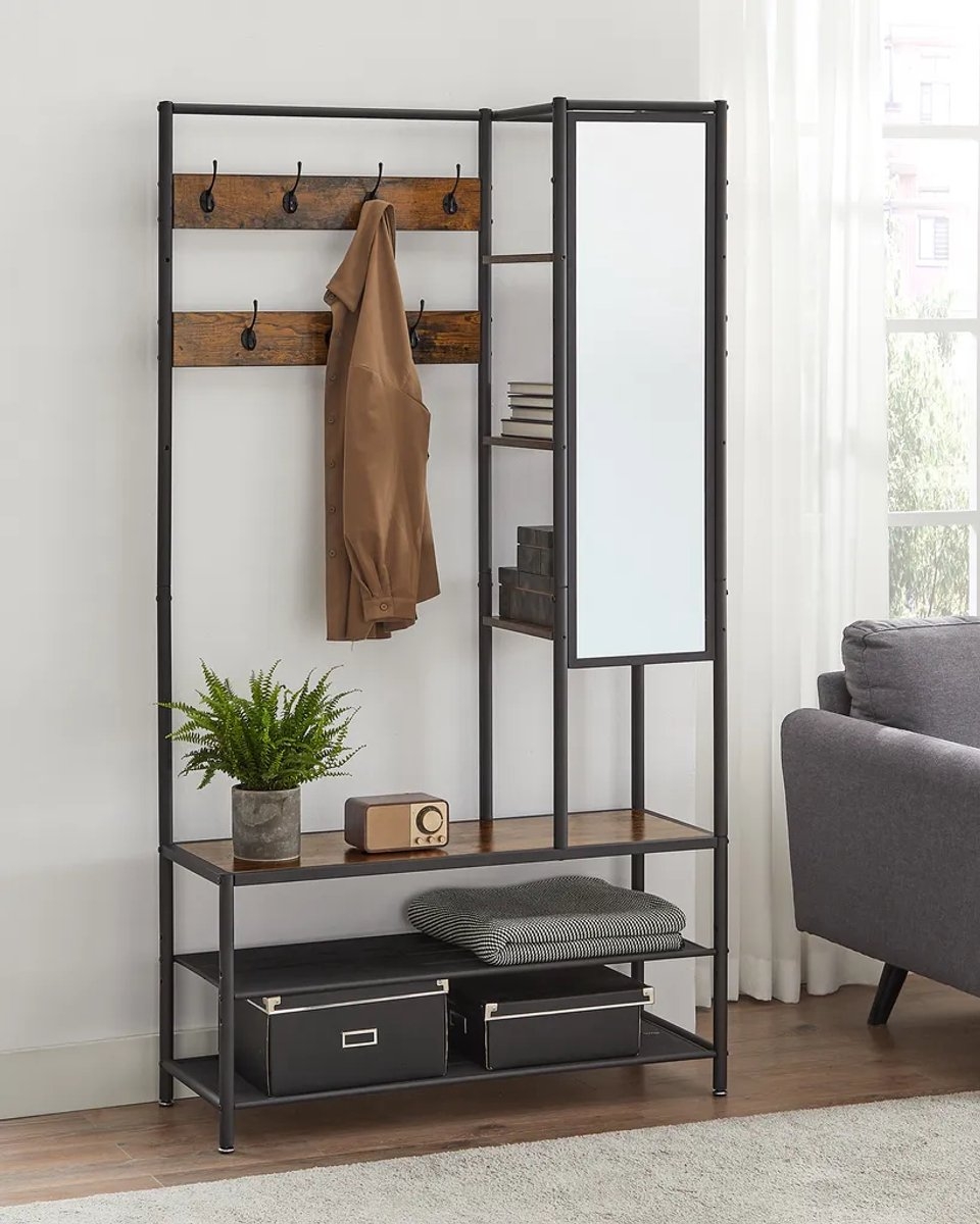 COSTWAY Hoekkapstok met zitbank, L-vormige kledingstandaard met open planken en 7 haken, garderobe, halgarderobe voor hal en slaapkamer, 90 x 90 x 178 cm