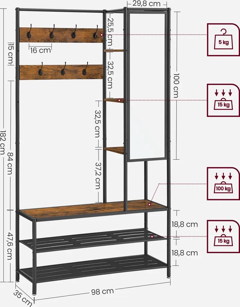 Kapstok met spiegel - garderobemeubel met schoenenbank - voor hal - 35 x 98 x 182 cm - bruin met zwart - HSR420B01 - Afbeelding 5