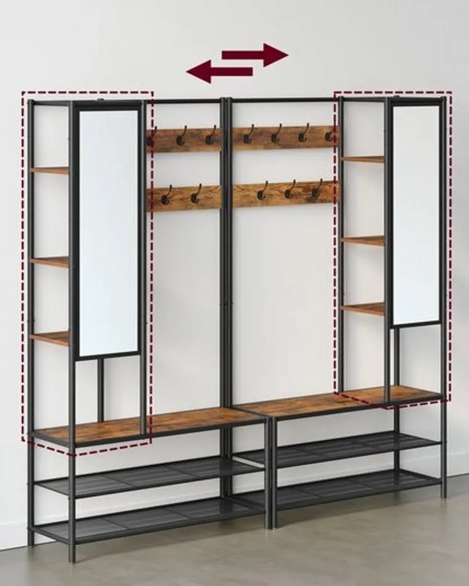 Kapstok met spiegel - garderobemeubel met schoenenbank - voor hal - 35 x 98 x 182 cm - bruin met zwart - HSR420B01 - Afbeelding 6