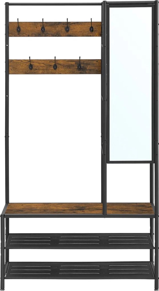 Kapstok met spiegel - garderobemeubel met schoenenbank - voor hal - 35 x 98 x 182 cm - bruin met zwart - HSR420B01 - Afbeelding 8