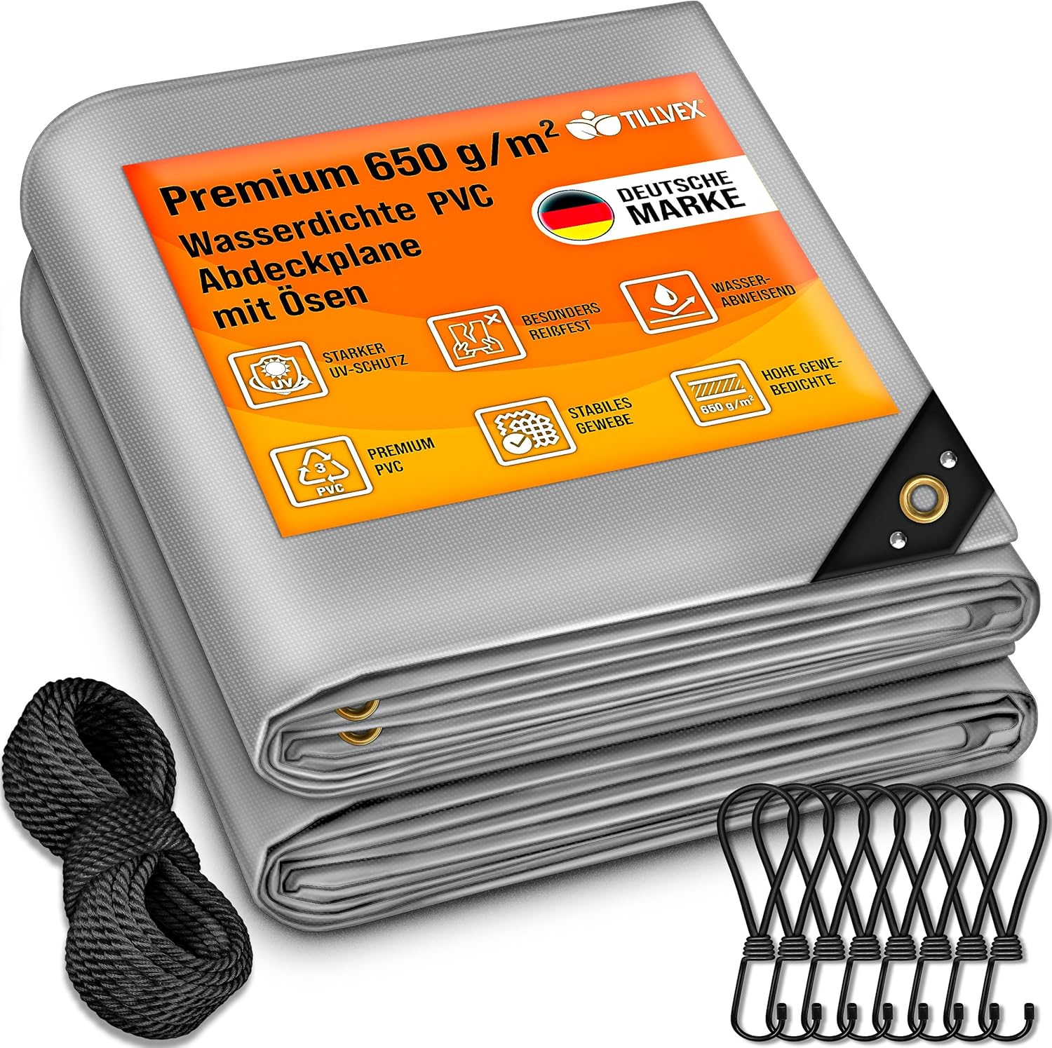 Premium afdekzeil - 4x7 meter - 400x700 cm met oogjes - 10 haken en 15 m touw - 650 g/m² - pvc - waterdicht en scheurvast - universeel - grijs