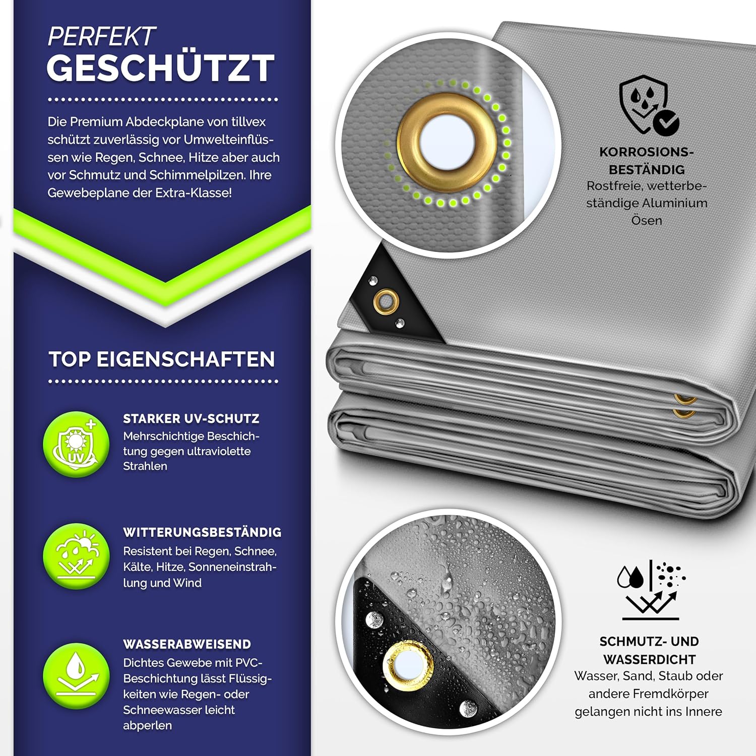 Premium afdekzeil - 4x7 meter - 400x700 cm met oogjes - 10 haken en 15 m touw - 650 g/m² - pvc - waterdicht en scheurvast - universeel - grijs - Afbeelding 2