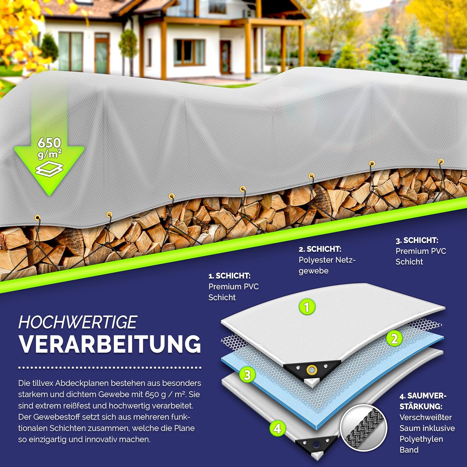 Premium afdekzeil - 4x7 meter - 400x700 cm met oogjes - 10 haken en 15 m touw - 650 g/m² - pvc - waterdicht en scheurvast - universeel - grijs - Afbeelding 3