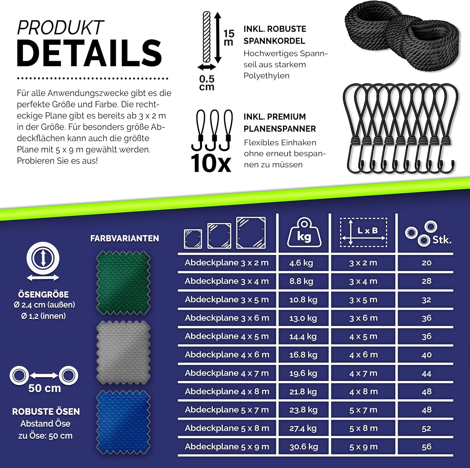 Premium afdekzeil - 4x7 meter - 400x700 cm met oogjes - 10 haken en 15 m touw - 650 g/m² - pvc - waterdicht en scheurvast - universeel - grijs - Afbeelding 4