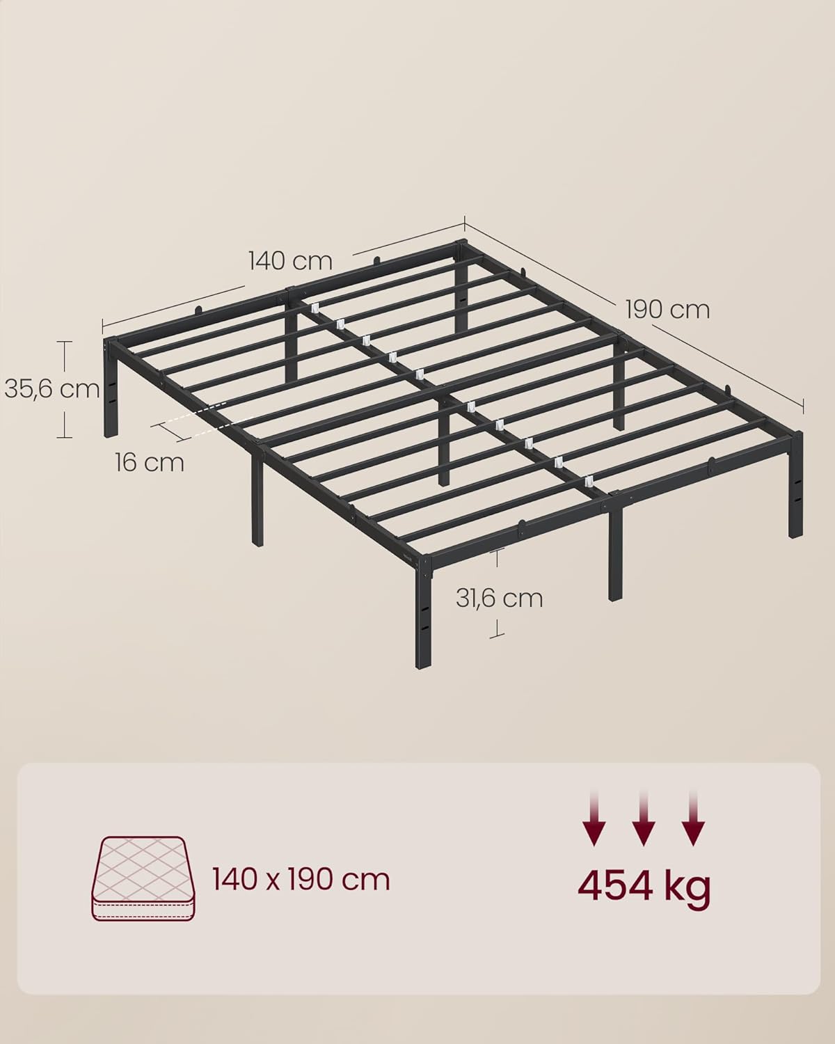 Dubbel bedframe - tweepersoonsbed - 140x190 cm - metaal - zwart - met bodem - RMB033B01 - Afbeelding 3