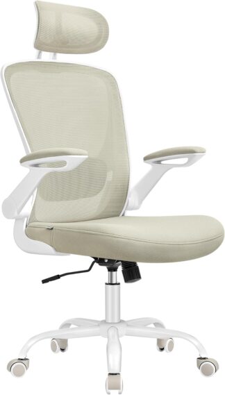Bureaustoel - ergonomische bureaustoel - mesh - met hoofdsteun en rugsteun - opvouwbare armsteun - cappuccino beige / bruin - OBN047K01