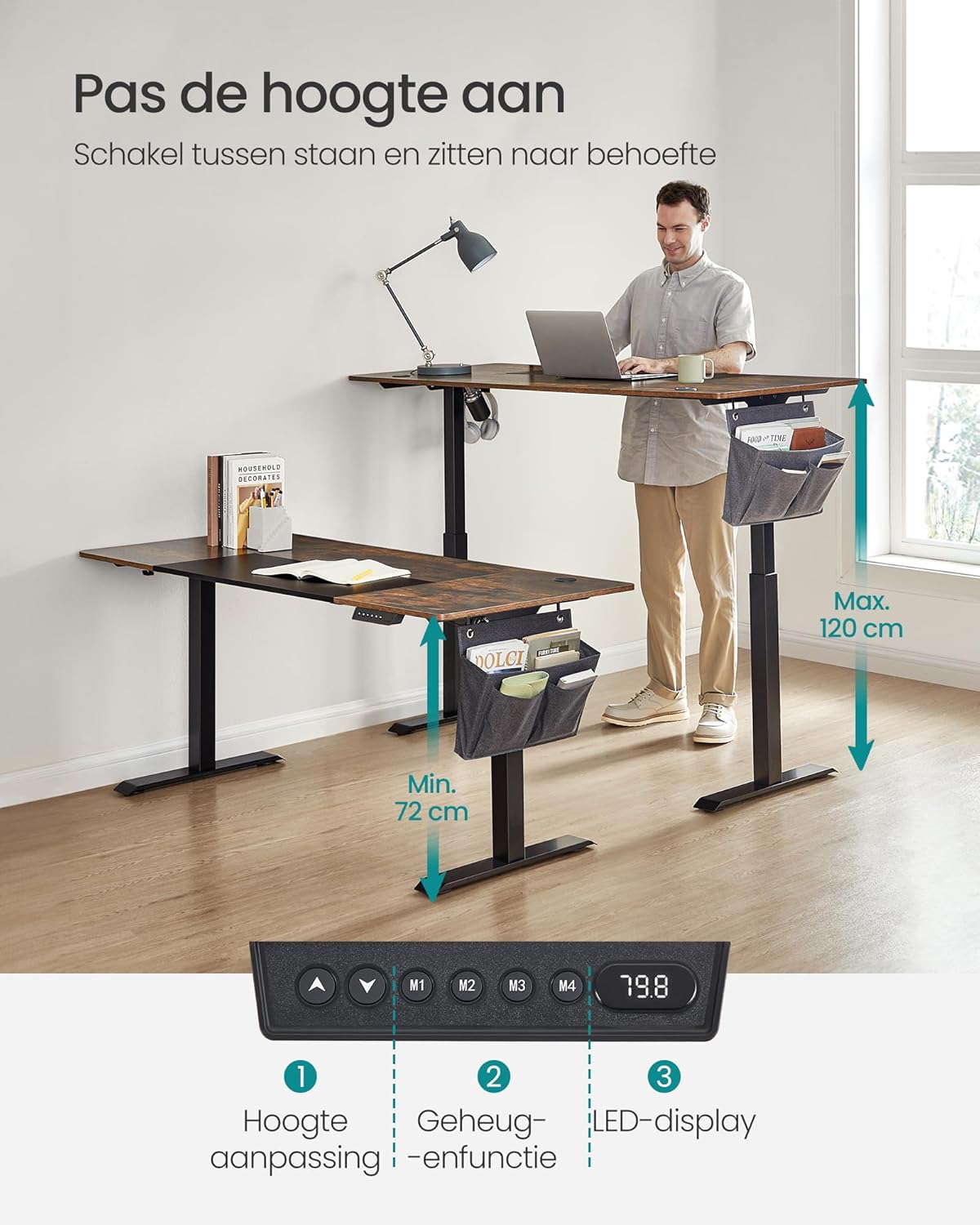 Zit sta bureau 160x70 cm - hoogte verstelbaar 72 t/m 120 cm - elektrisch - bruin - LSD026X01 - Afbeelding 5