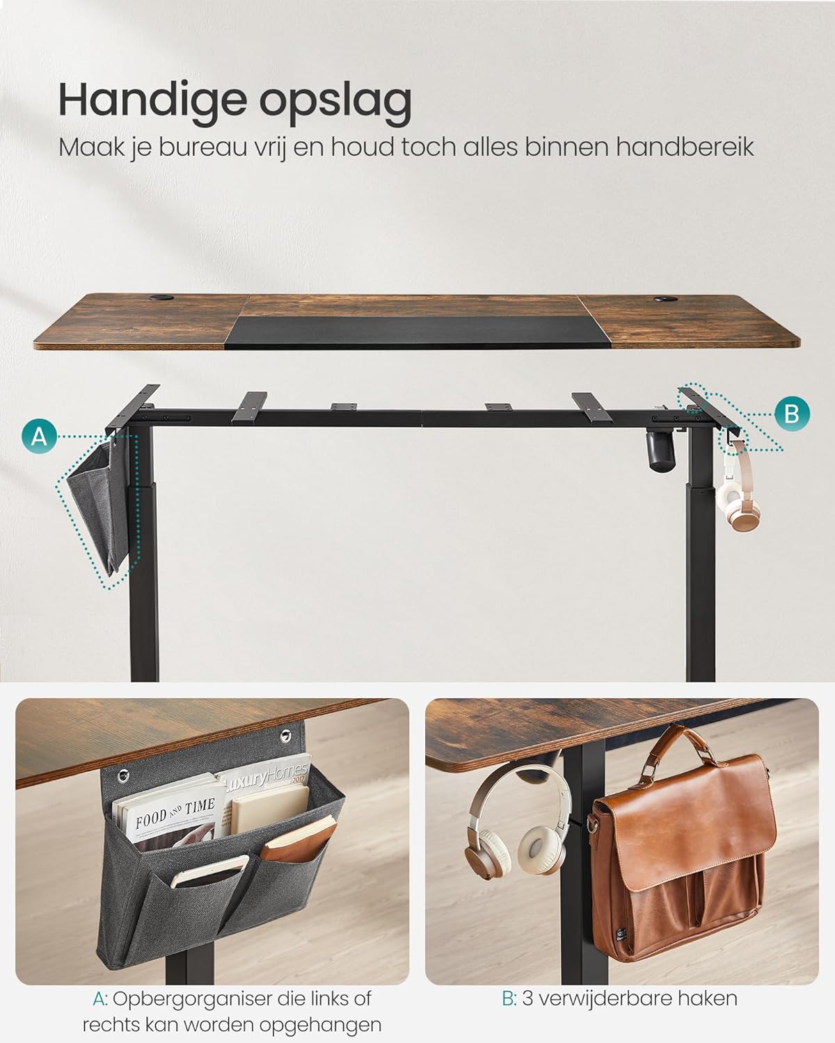 Zit sta bureau 160x70 cm - hoogte verstelbaar 72 t/m 120 cm - elektrisch - bruin - LSD026X01 - Afbeelding 6