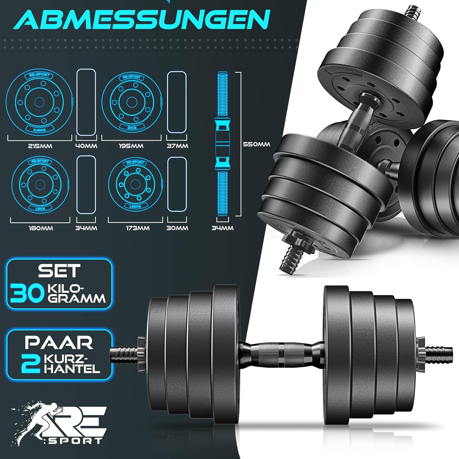 Dumbells set - Gewichten set - Halterset - Verstelbaar - 30 kg - zwart - Afbeelding 2