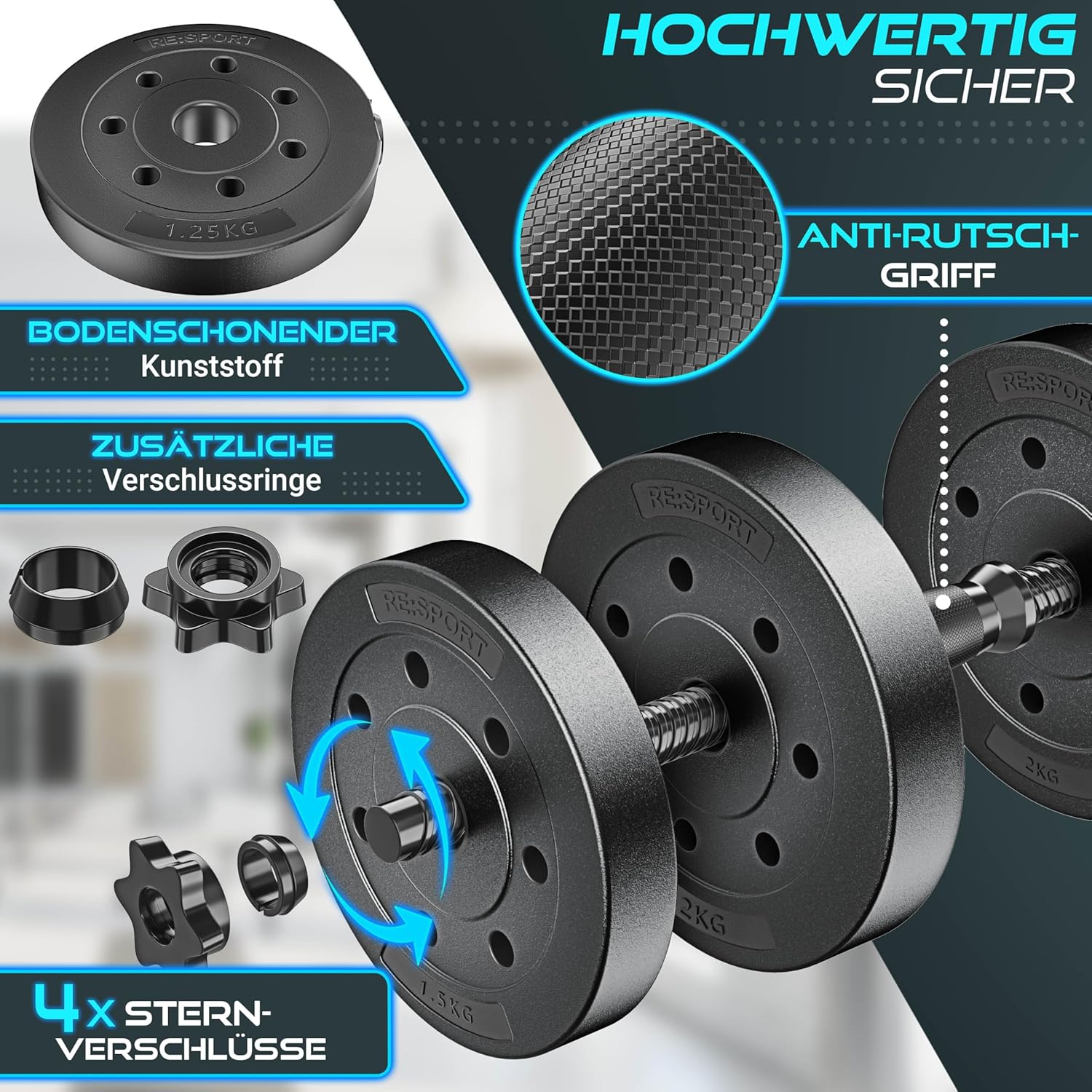 Dumbells set - Gewichten set - Halterset - Verstelbaar - 30 kg - zwart - Afbeelding 3