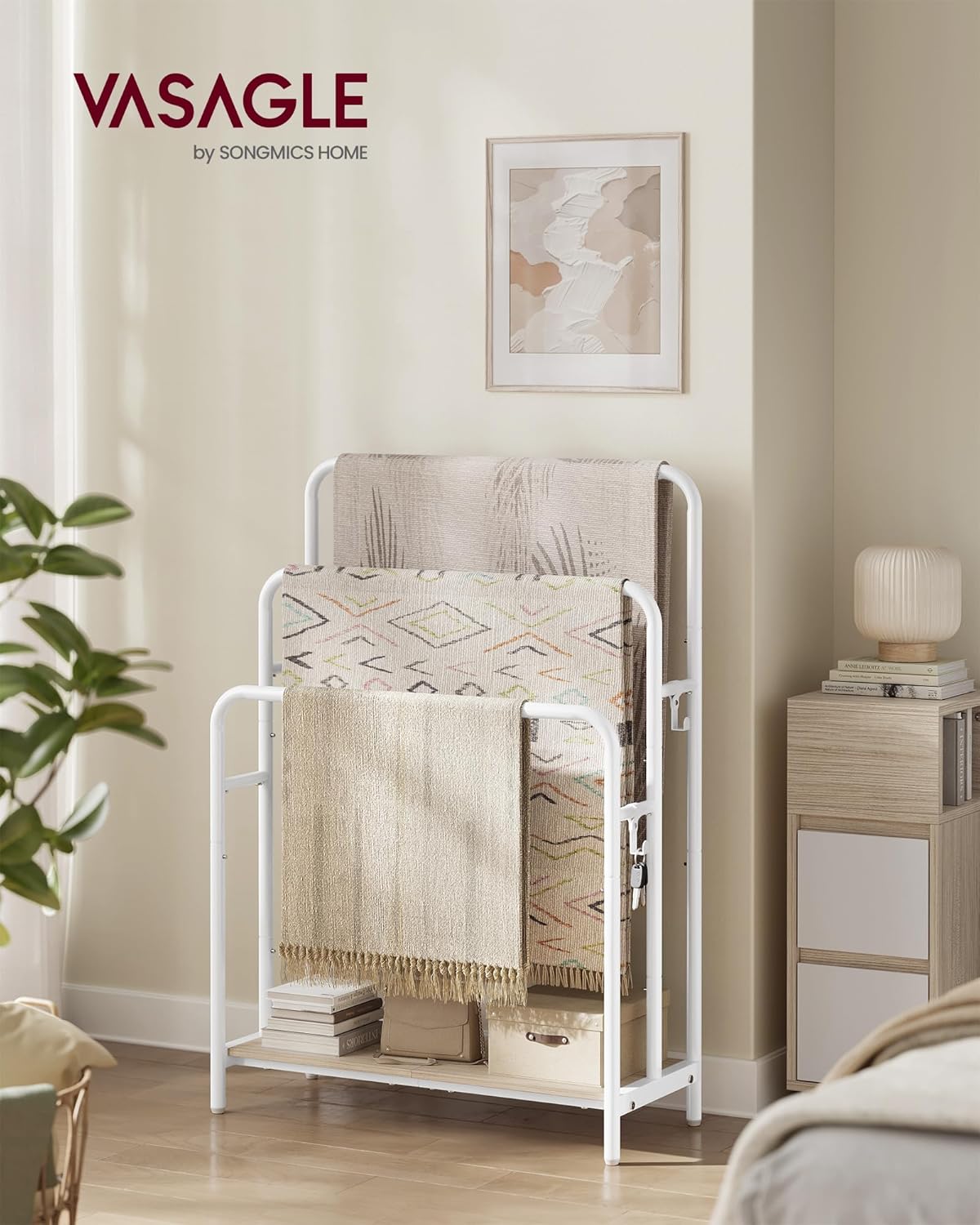 VASAGLE - staande handdoekhouder - 3 rails - 70 x 30 x 100 cm - 2 haken - badhanddoeken houder - wit / beige - LLS019W01 - Afbeelding 2