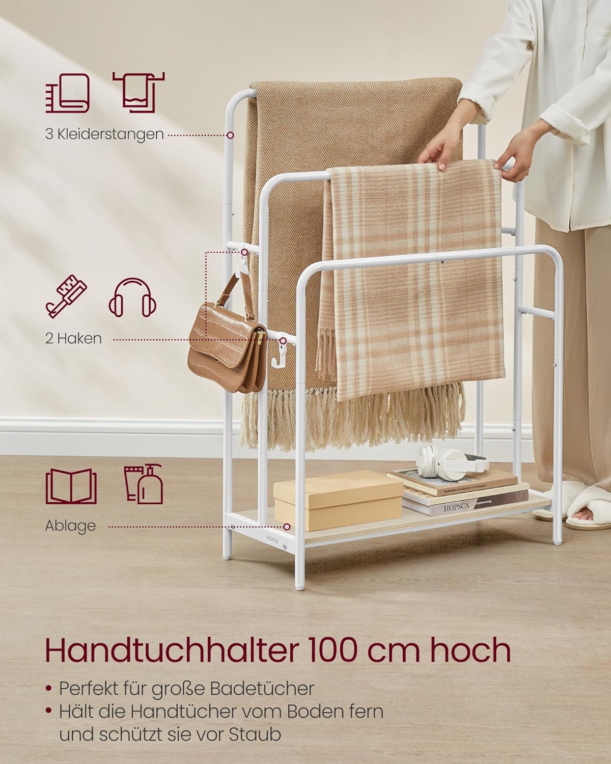 VASAGLE - staande handdoekhouder - 3 rails - 70 x 30 x 100 cm - 2 haken - badhanddoeken houder - wit / beige - LLS019W01 - Afbeelding 3