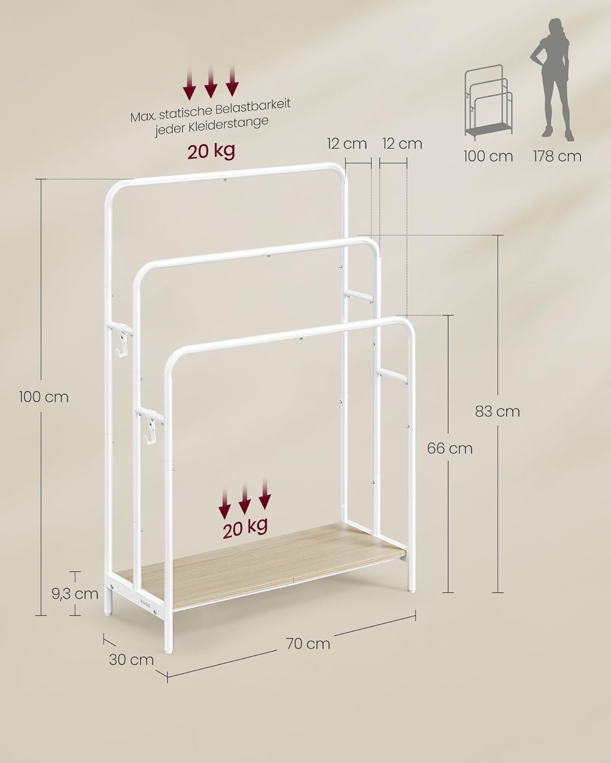 VASAGLE - staande handdoekhouder - 3 rails - 70 x 30 x 100 cm - 2 haken - badhanddoeken houder - wit / beige - LLS019W01 - Afbeelding 5