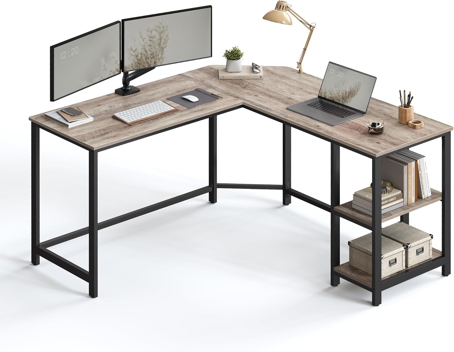 Computerbureau - L-vormig hoekbureau - 138x138 cm - werkplek - industrieel - grijs met zwart - LWD72MB