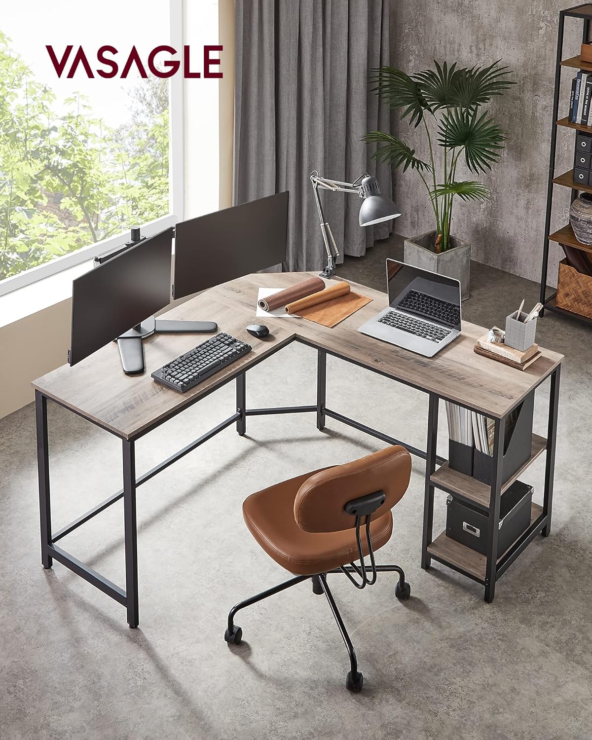 Computerbureau - L-vormig hoekbureau - 138x138 cm - werkplek - industrieel - grijs met zwart - LWD72MB - Afbeelding 2
