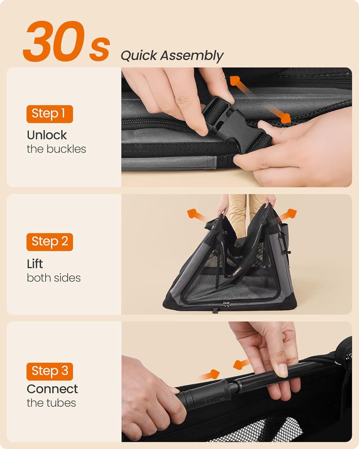 Opvouwbare hondenbench - hondentransportbox, XXL - 91.4x63.5x63.5 cm hondenkennel - reisbench - hondentas ademend - draagbaar - metalen frame - zwart - PDC019B01 - Afbeelding 3