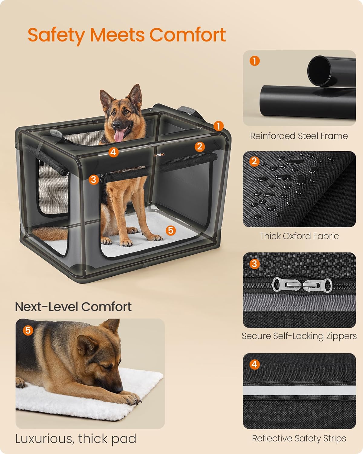 Opvouwbare hondenbench - hondentransportbox, XXL - 91.4x63.5x63.5 cm hondenkennel - reisbench - hondentas ademend - draagbaar - metalen frame - zwart - PDC019B01 - Afbeelding 5