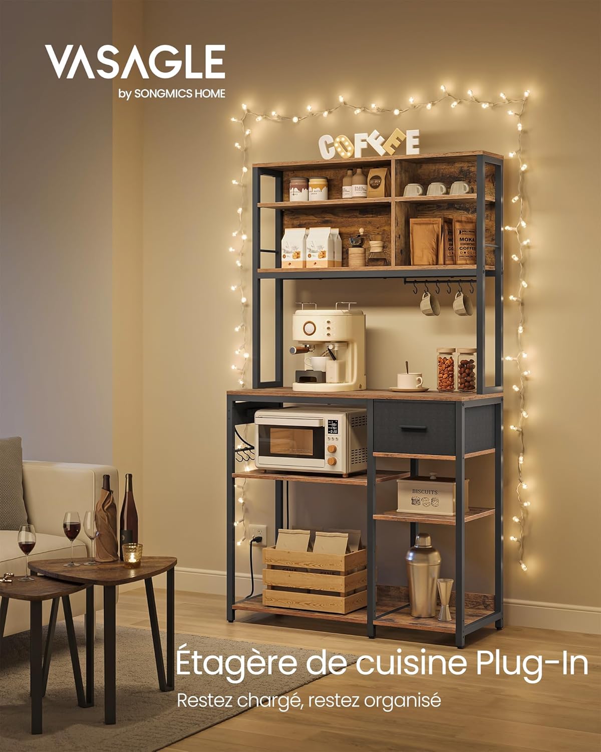 FORABAMB Bakersrek met stopcontact, koffiebar, 5-laags keukenplanken met 8 haken, magnetronstandaard, keukenrek, vrijstaande opbergrek voor nutsvoorzieningen, 40 x 100 x 165 cm, bamboe