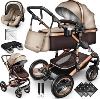 KIDUKU- 3 in 1 combi-kinderwagen- buggy - met autostoeltje - met regenhoes en meer accessoires - opvouwbaar - bruin / goud