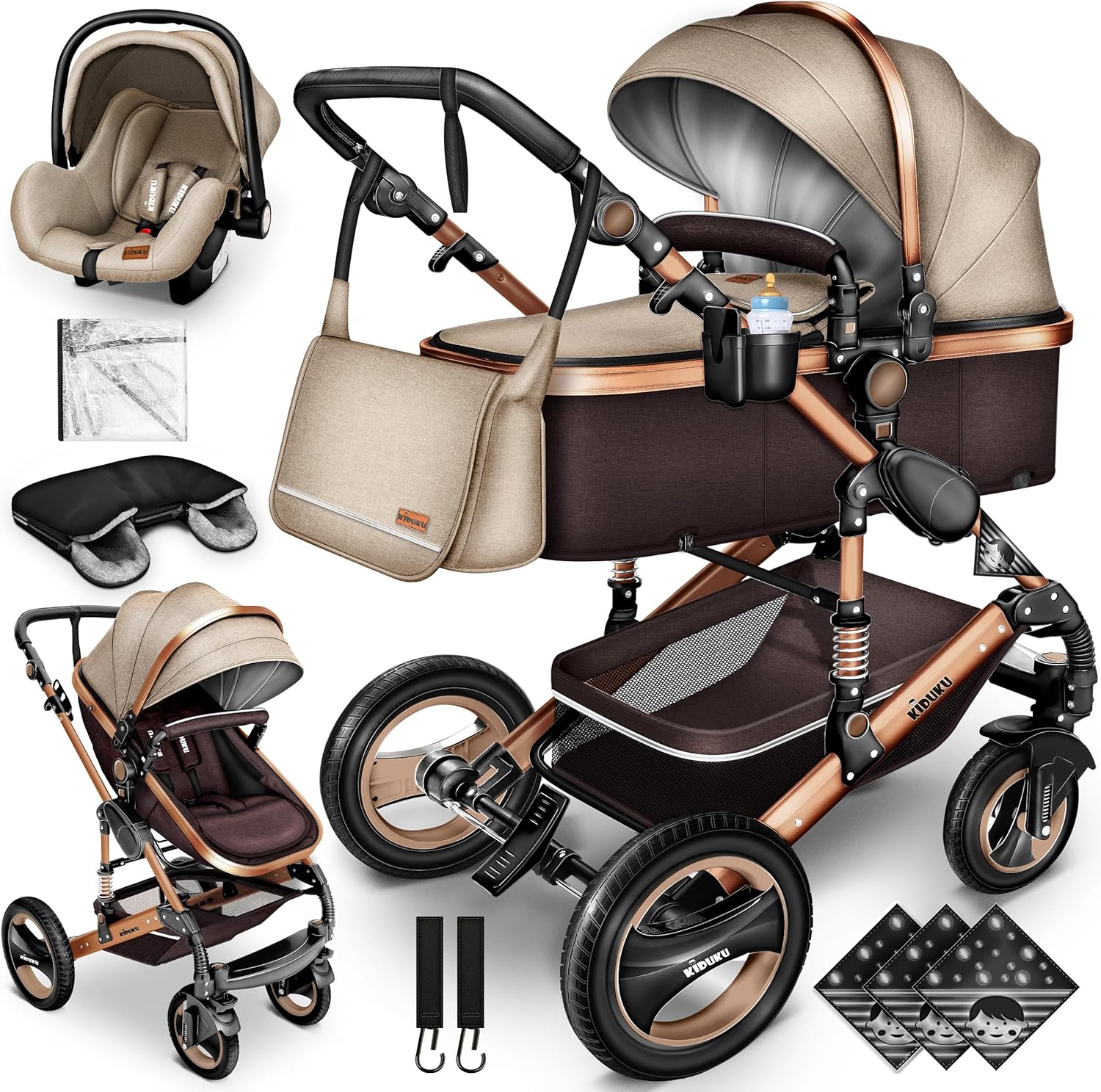KIDUKU- 3 in 1 combi-kinderwagen- buggy - met autostoeltje - met regenhoes en meer accessoires - opvouwbaar - bruin / goud