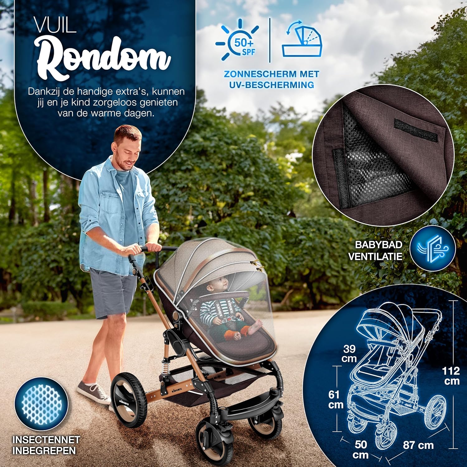 KIDUKU- 3 in 1 combi-kinderwagen- buggy - met autostoeltje - met regenhoes en meer accessoires - opvouwbaar - bruin / goud - Afbeelding 2