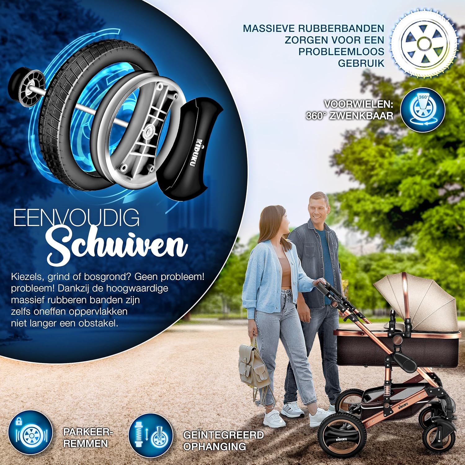 KIDUKU- 3 in 1 combi-kinderwagen- buggy - met autostoeltje - met regenhoes en meer accessoires - opvouwbaar - bruin / goud - Afbeelding 3