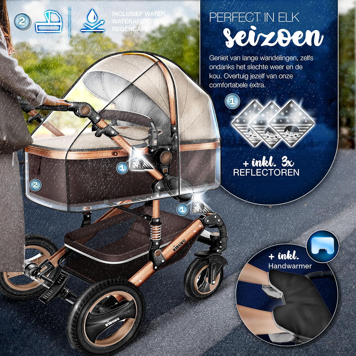 KIDUKU- 3 in 1 combi-kinderwagen- buggy - met autostoeltje - met regenhoes en meer accessoires - opvouwbaar - bruin / goud - Afbeelding 4