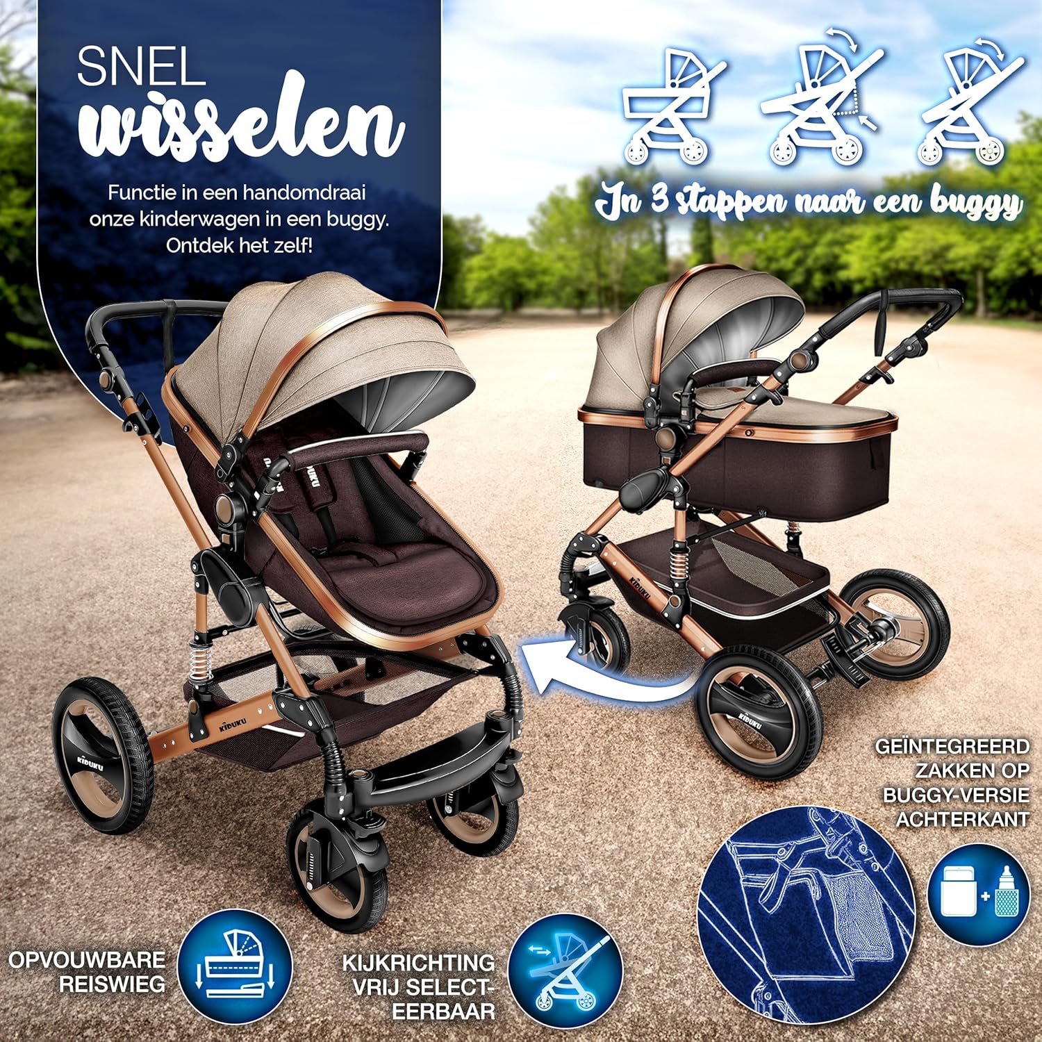 KIDUKU- 3 in 1 combi-kinderwagen- buggy - met autostoeltje - met regenhoes en meer accessoires - opvouwbaar - bruin / goud - Afbeelding 5