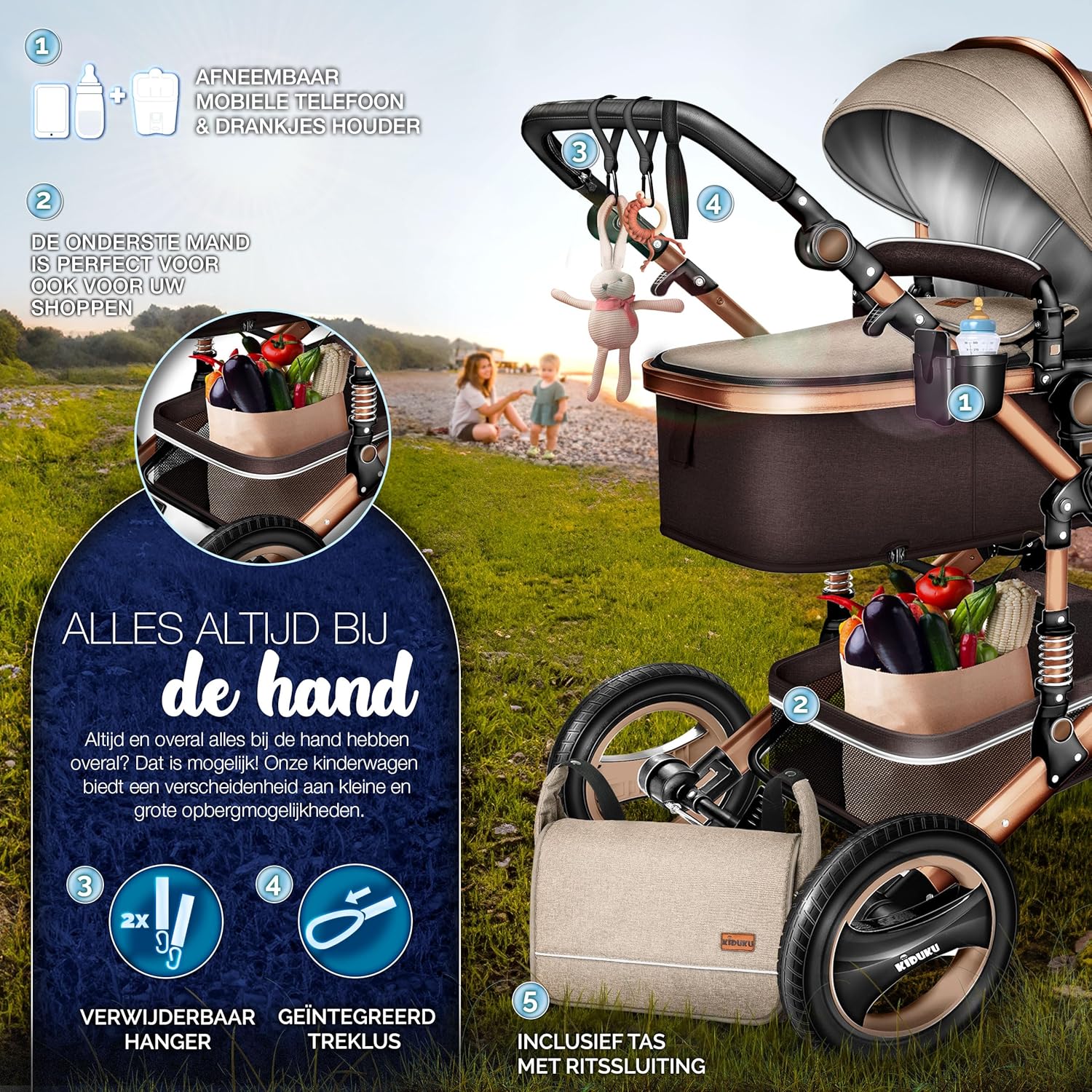 KIDUKU- 3 in 1 combi-kinderwagen- buggy - met autostoeltje - met regenhoes en meer accessoires - opvouwbaar - bruin / goud - Afbeelding 7
