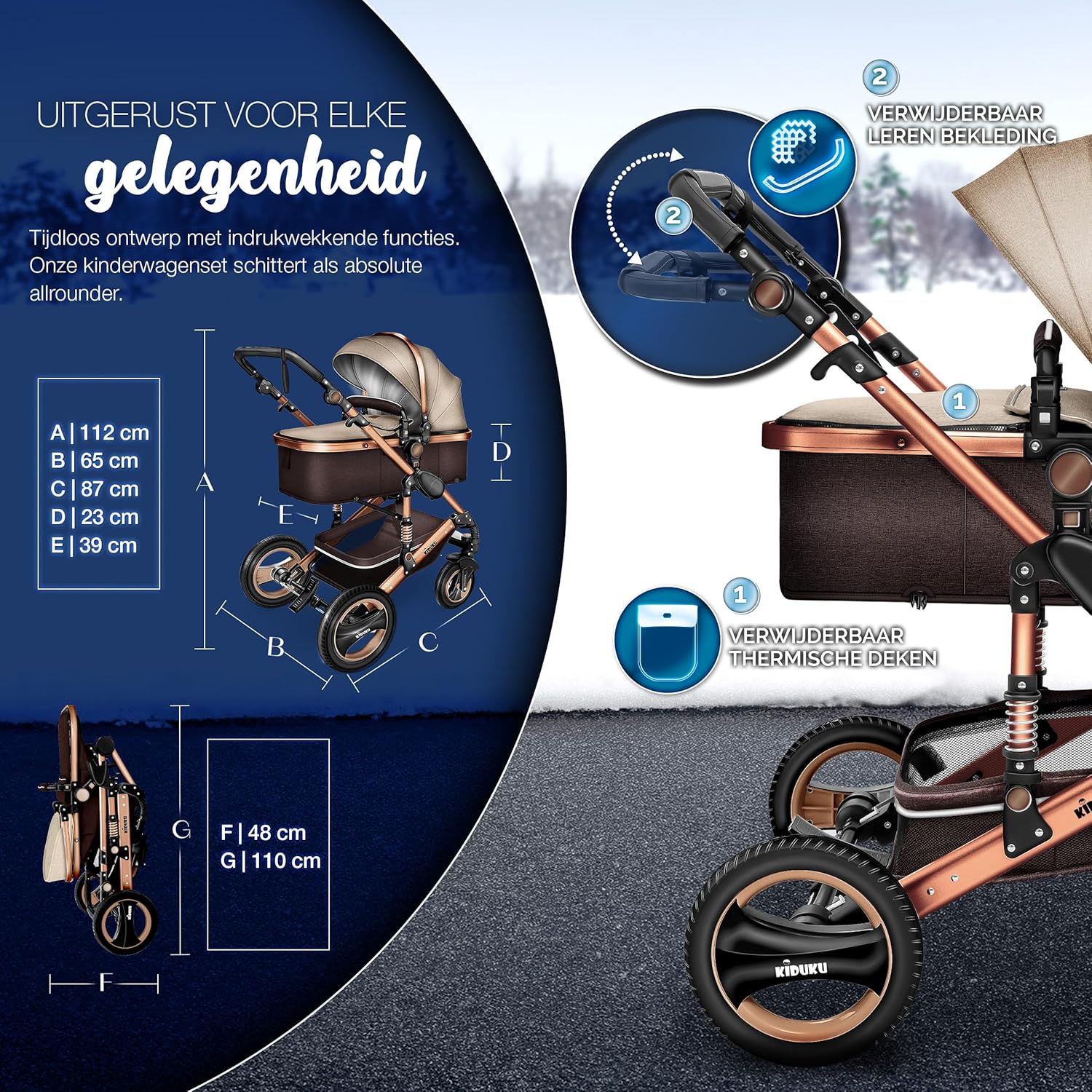 KIDUKU- 3 in 1 combi-kinderwagen- buggy - met autostoeltje - met regenhoes en meer accessoires - opvouwbaar - bruin / goud - Afbeelding 8