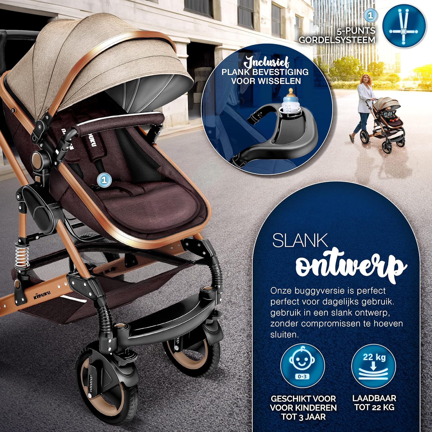 KIDUKU- 3 in 1 combi-kinderwagen- buggy - met autostoeltje - met regenhoes en meer accessoires - opvouwbaar - bruin / goud - Afbeelding 9