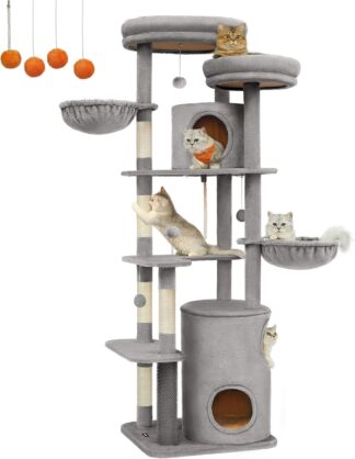 Krabpaal XXL - 196 cm hoog - grote kattenboom - 2 platformen, 5 krabzuilen, 3 grotten en 2 hangmatten - pluche ballen - grijs - PCT153W01