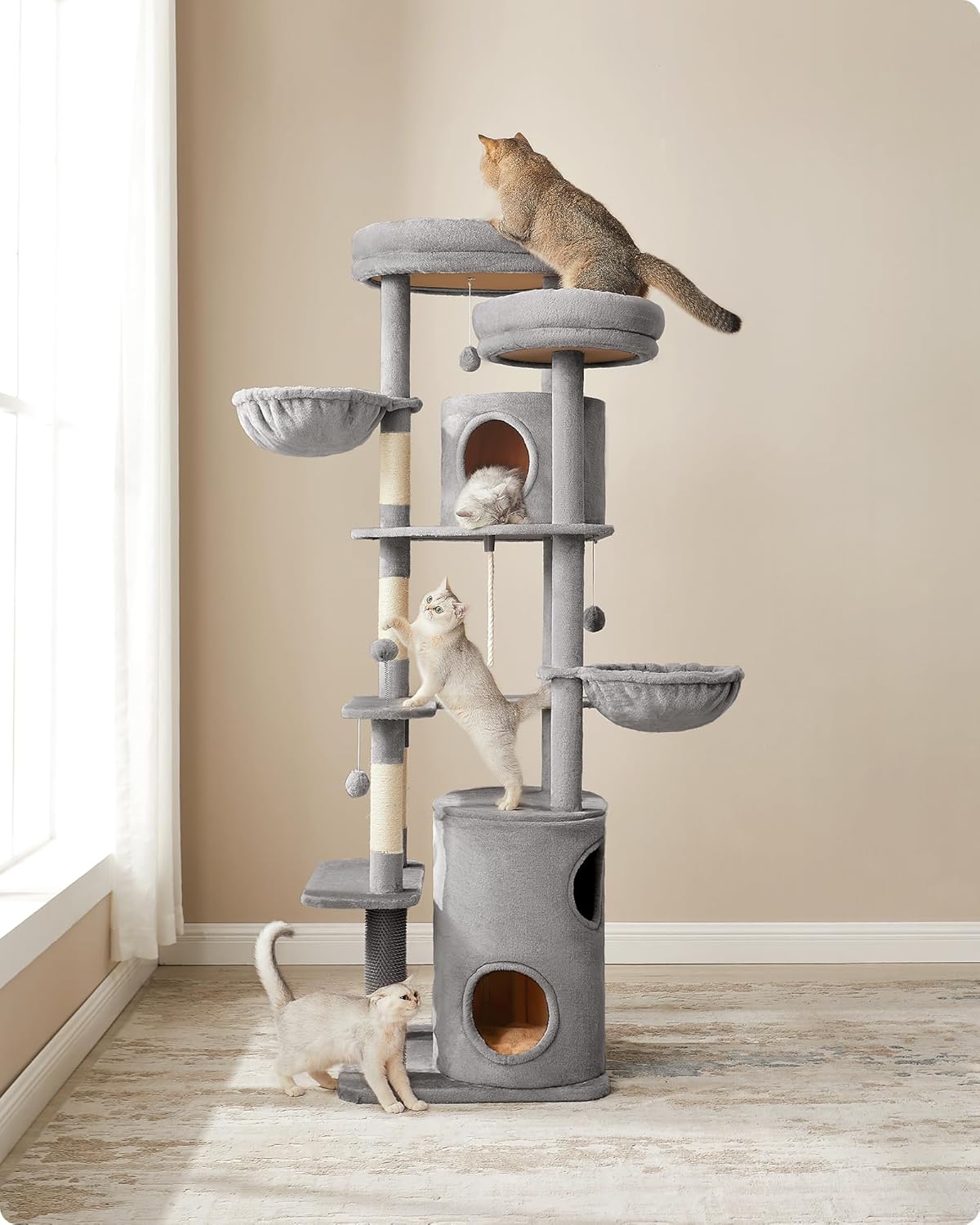 Krabpaal XXL - 196 cm hoog - grote kattenboom - 2 platformen, 5 krabzuilen, 3 grotten en 2 hangmatten - pluche ballen - grijs - PCT153W01 - Afbeelding 2