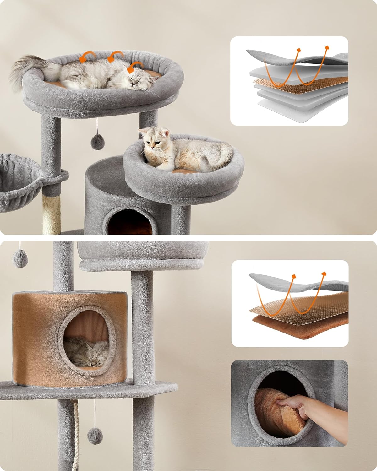 Krabpaal XXL - 196 cm hoog - grote kattenboom - 2 platformen, 5 krabzuilen, 3 grotten en 2 hangmatten - pluche ballen - grijs - PCT153W01 - Afbeelding 4