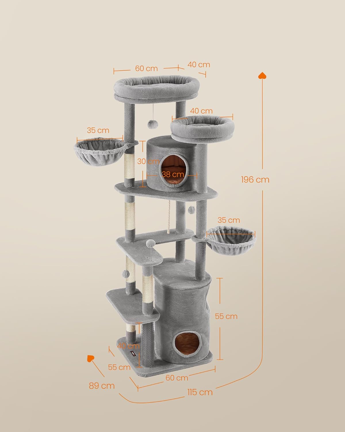 Krabpaal XXL - 196 cm hoog - grote kattenboom - 2 platformen, 5 krabzuilen, 3 grotten en 2 hangmatten - pluche ballen - grijs - PCT153W01 - Afbeelding 5