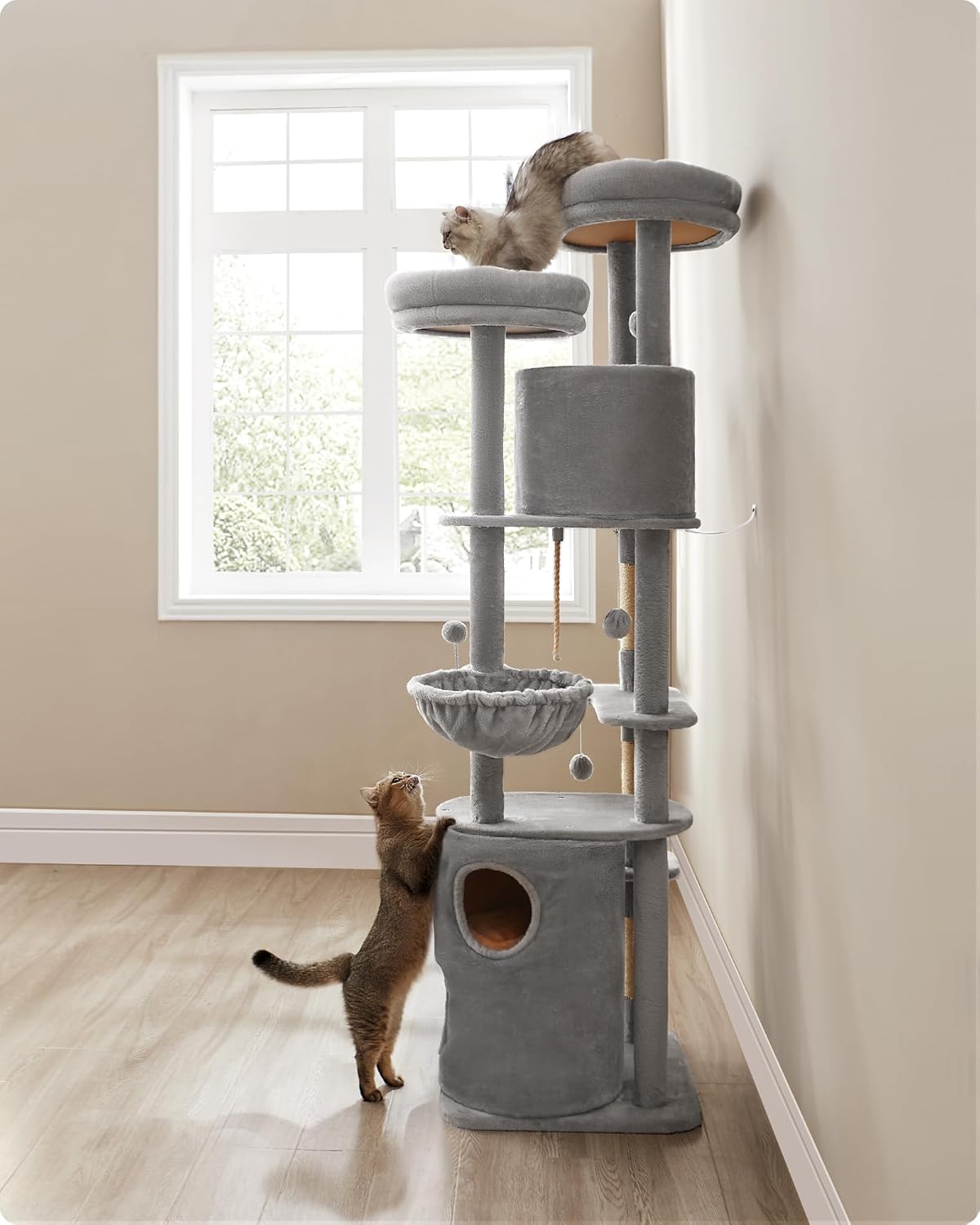 Krabpaal XXL - 196 cm hoog - grote kattenboom - 2 platformen, 5 krabzuilen, 3 grotten en 2 hangmatten - pluche ballen - grijs - PCT153W01 - Afbeelding 6