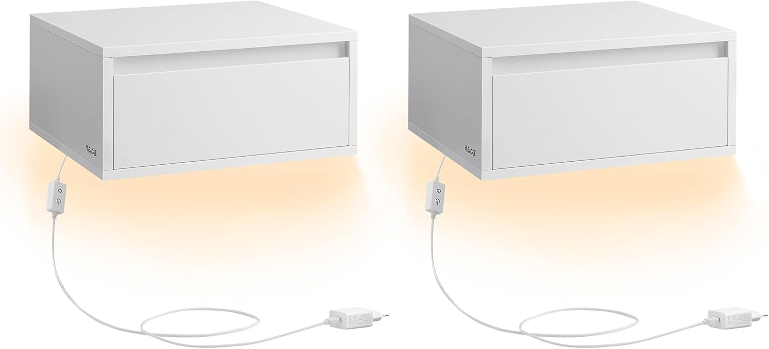 2x zwevend / hangend nachtkastje met lamp in 3 kleuren - 35 x 40 x 18 cm - wit - LET854W01 - set van 2 stuks