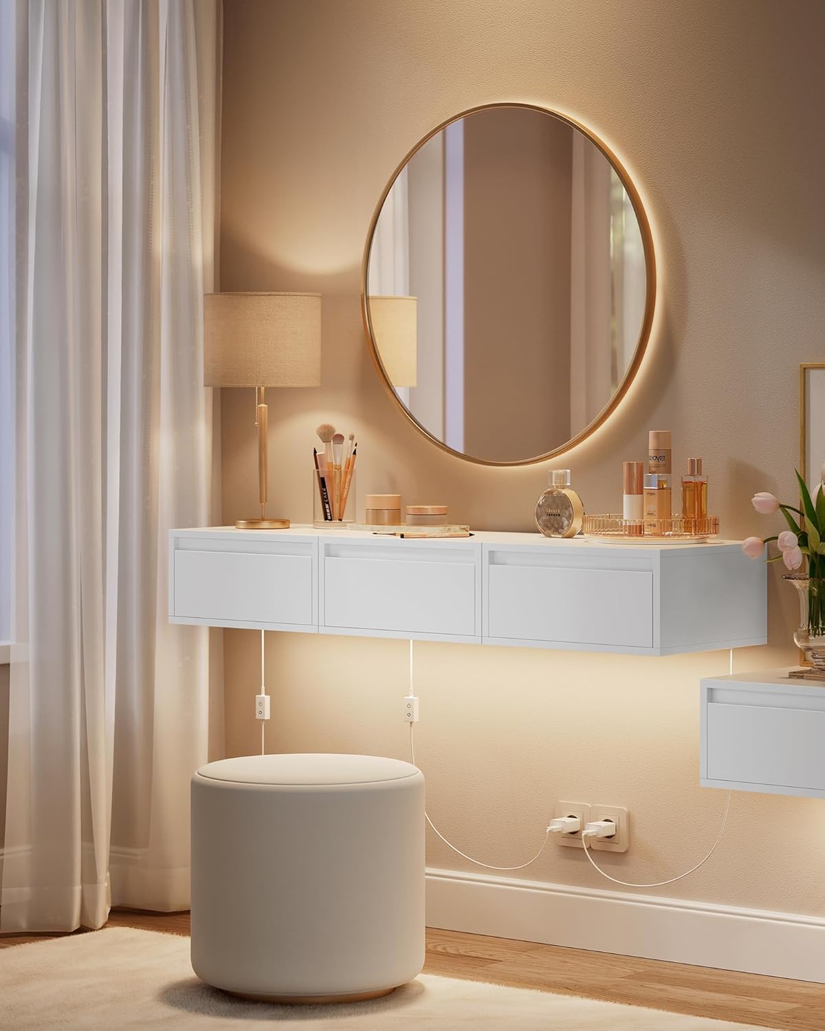 2x zwevend / hangend nachtkastje met lamp in 3 kleuren - 35 x 40 x 18 cm - wit - LET854W01 - set van 2 stuks - Afbeelding 7