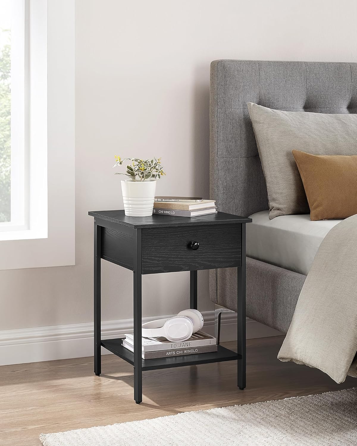 2x Nachtkastje - met lade en plank - 40 x 40 x 55 cm -stalen frame - zwart - set van 2 stuks - LET506B56 - Afbeelding 2