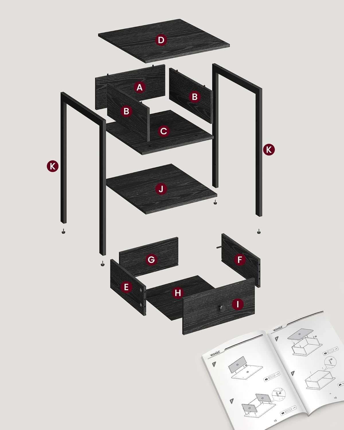 2x Nachtkastje - met lade en plank - 40 x 40 x 55 cm -stalen frame - zwart - set van 2 stuks - LET506B56 - Afbeelding 7