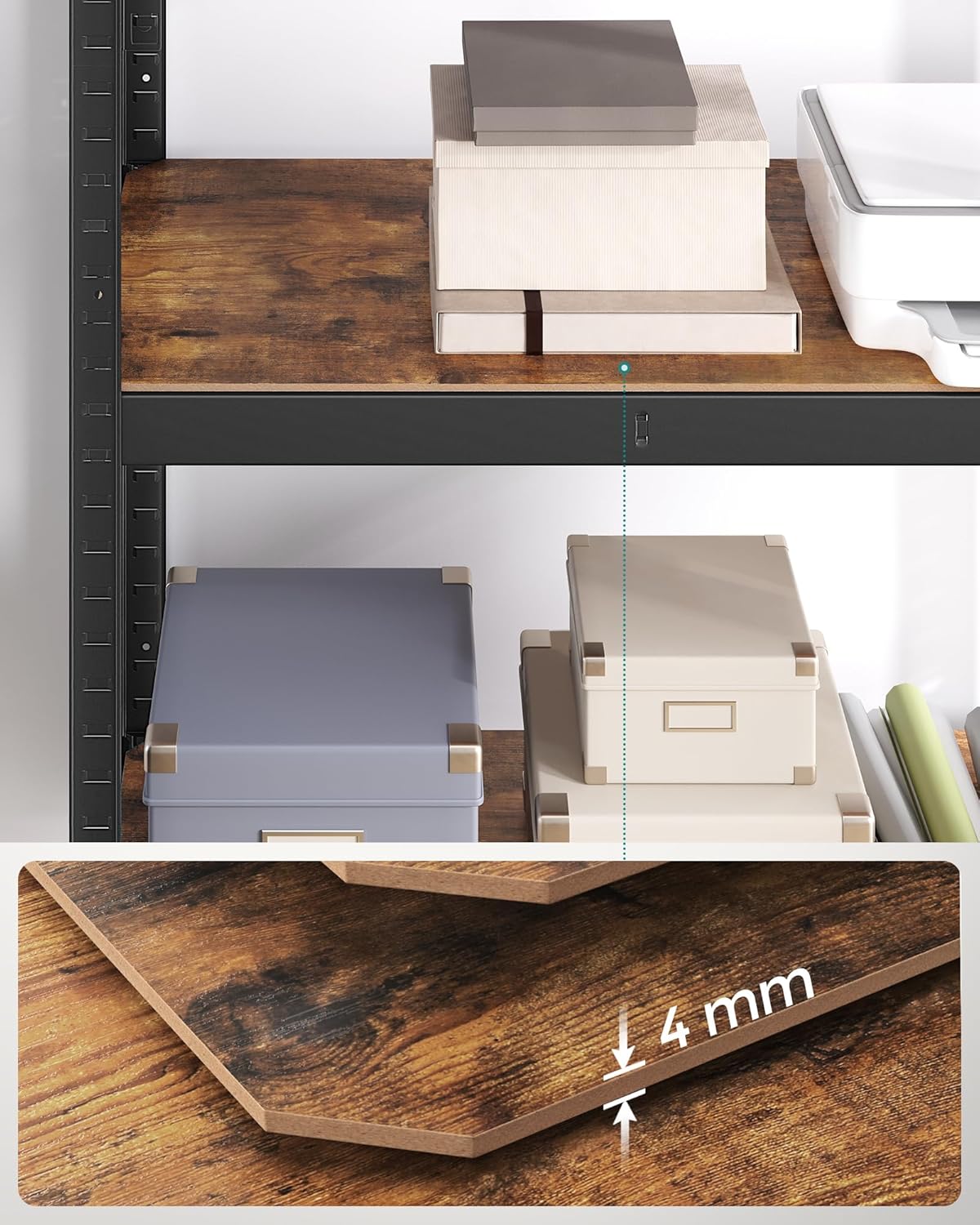 Stellingkast - 160x80x40 cm - 40 cm diepte - tot 520 kg belastbaar - stalen frame - 4 verstelbare MDF planken - vintage bruin met zwart- GLR044B11) - Afbeelding 3