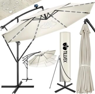 Zweefparasol XL - diameter 350cm - met LED op zonne-energie - 360° draaibaar - grijs - hangparasol met beschermhoes